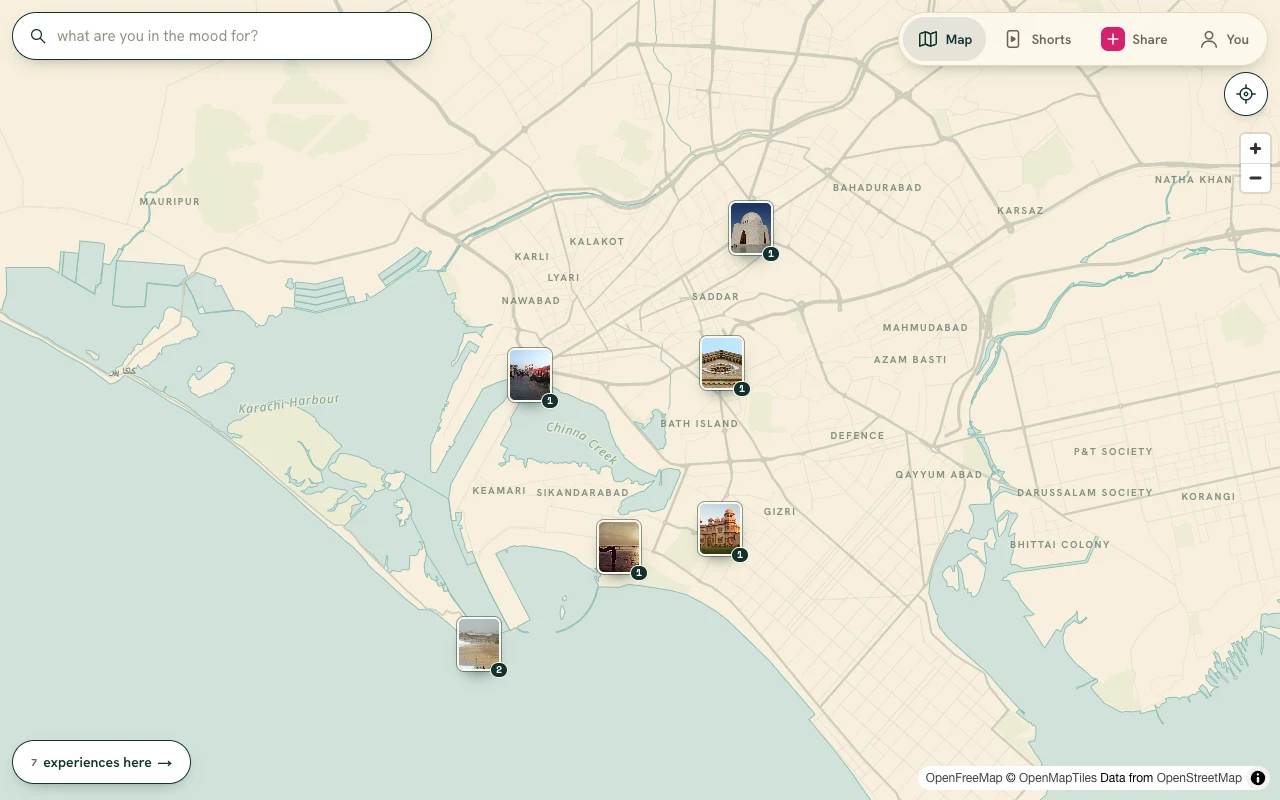 Map of XP’s populated Karachi pilot map, with photo pins for Manora, Frere Hall, Mohatta Palace, Clifton Beach, Mazar-e-Quaid and Port Grand