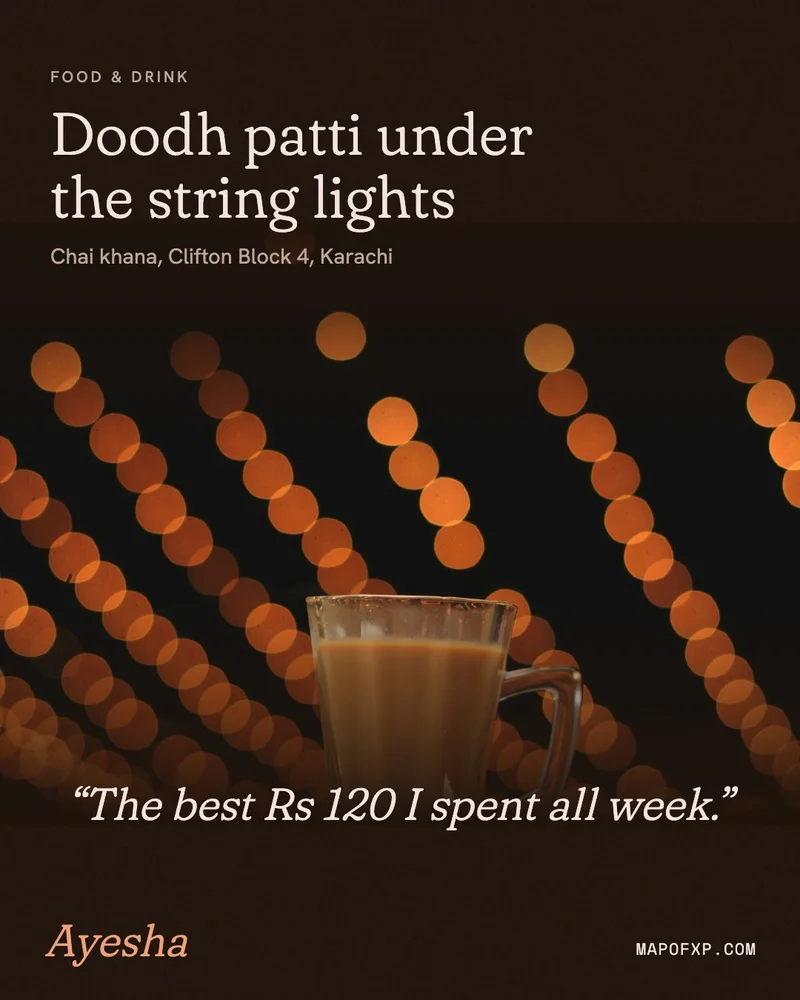 A night-time chai share-card design, with string lights and the author’s account
