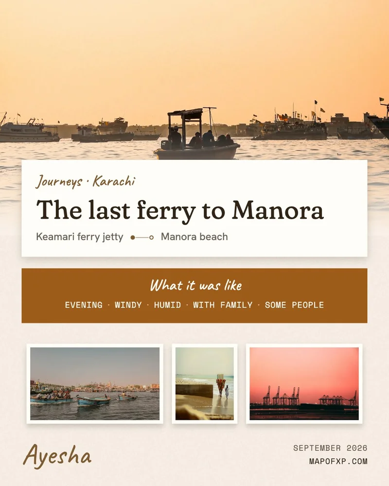 A ferry journey to Manora as a keepsake share-card design, with photos and recorded context