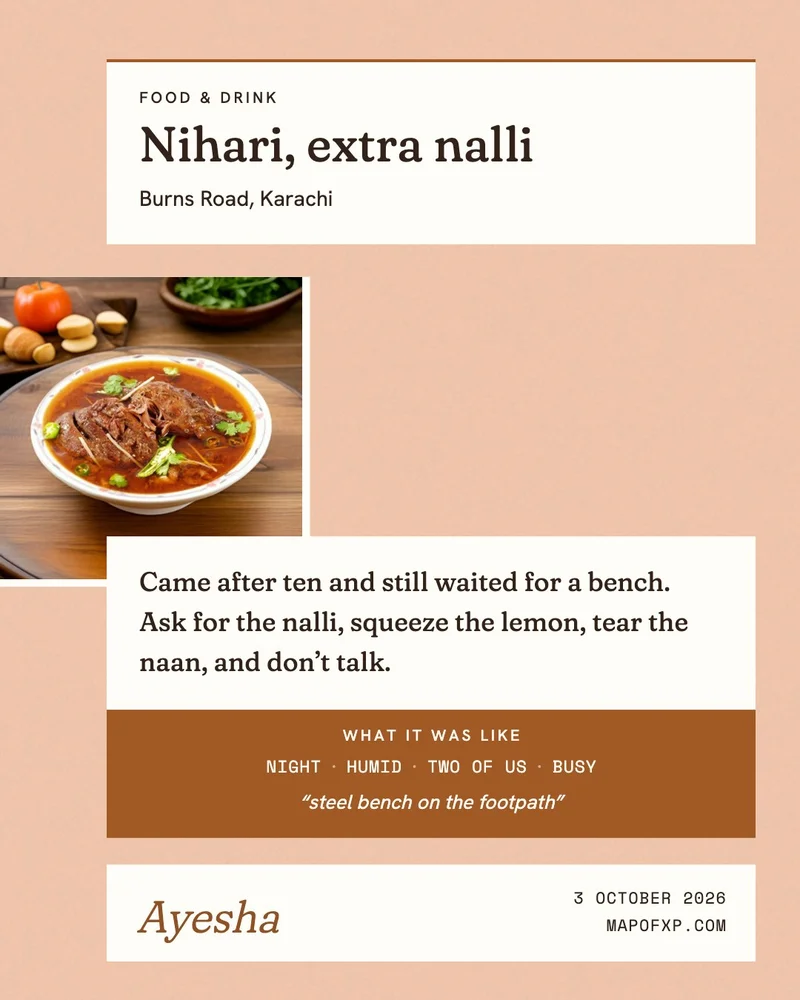 A warm terracotta share-card design for a nihari experience in Karachi