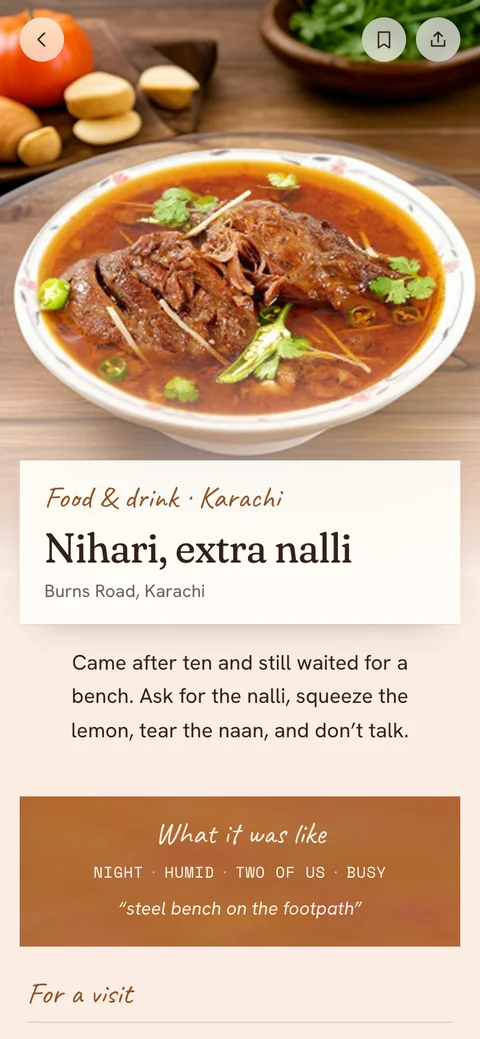 Journal design study for an example account of nihari at Burns Road, Karachi