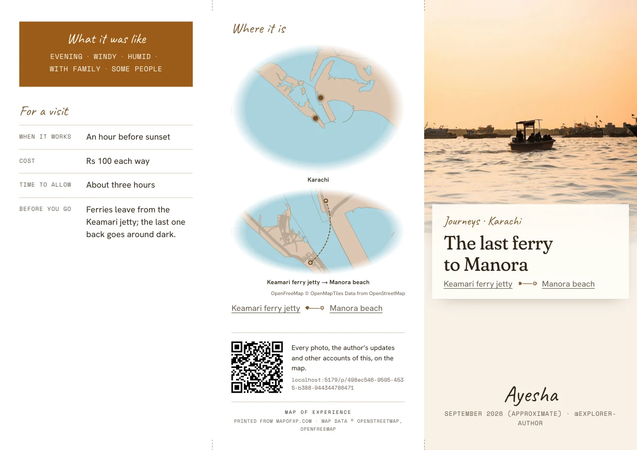 The outside of a three-fold pocket edition for a sample ferry journey to Manora, with its cover, maps and practical visit details