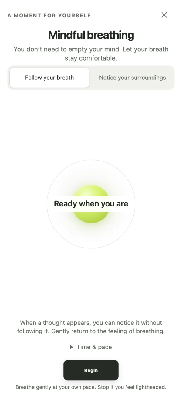 Mindful breathing screen with a Begin button