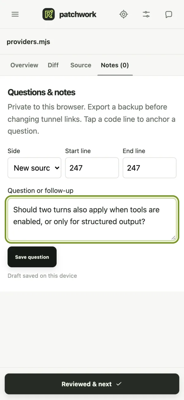 A private question anchored to line 247, saved only in this browser